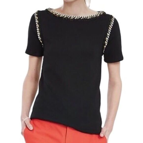 Banana Republic French Terry Rope Trim Tee in Dark Black/Gold/White Women’s XS - Picture 1 of 8